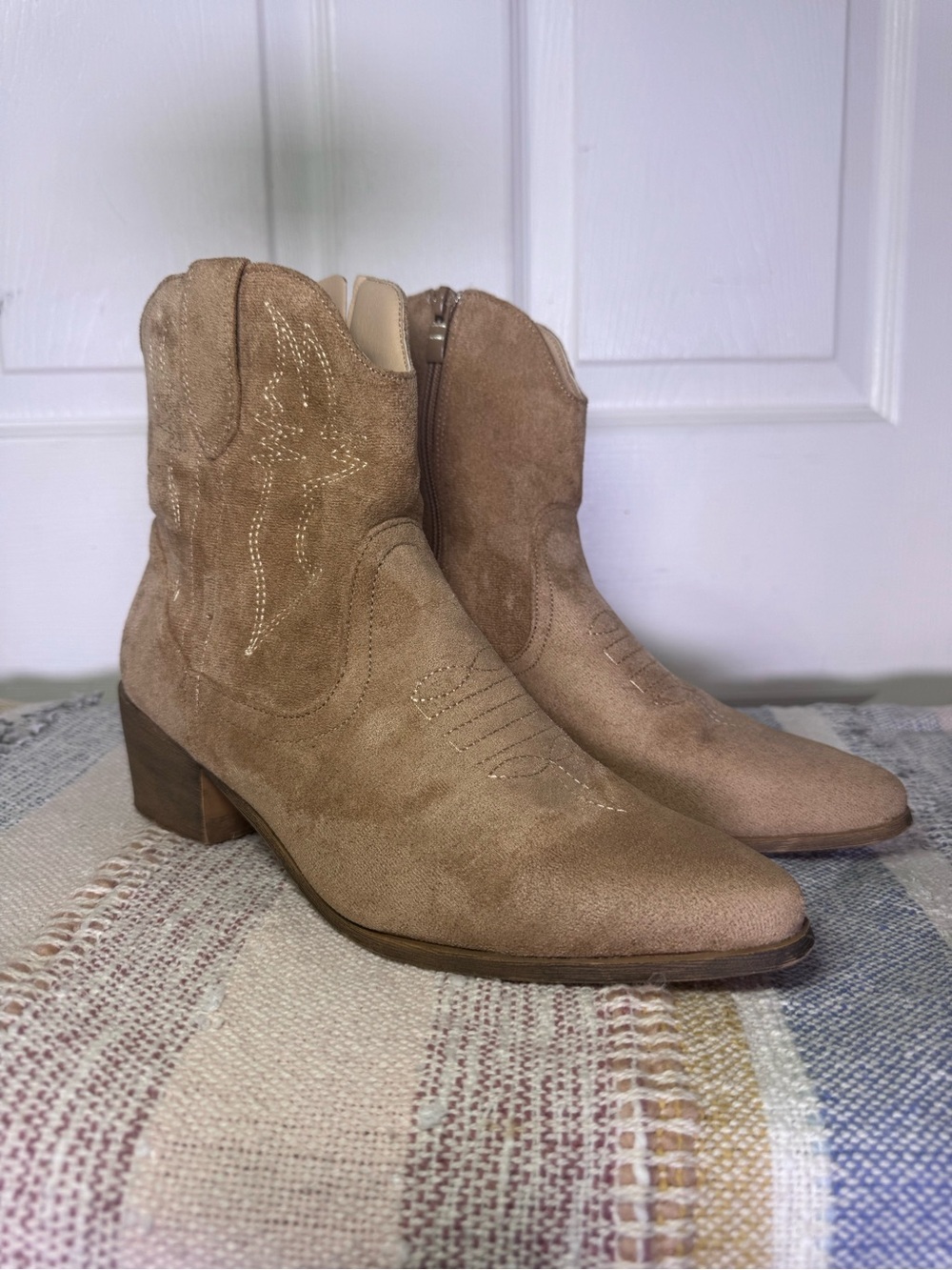 Women's Suede Tan Western Ankle Booties with Low Block Heel